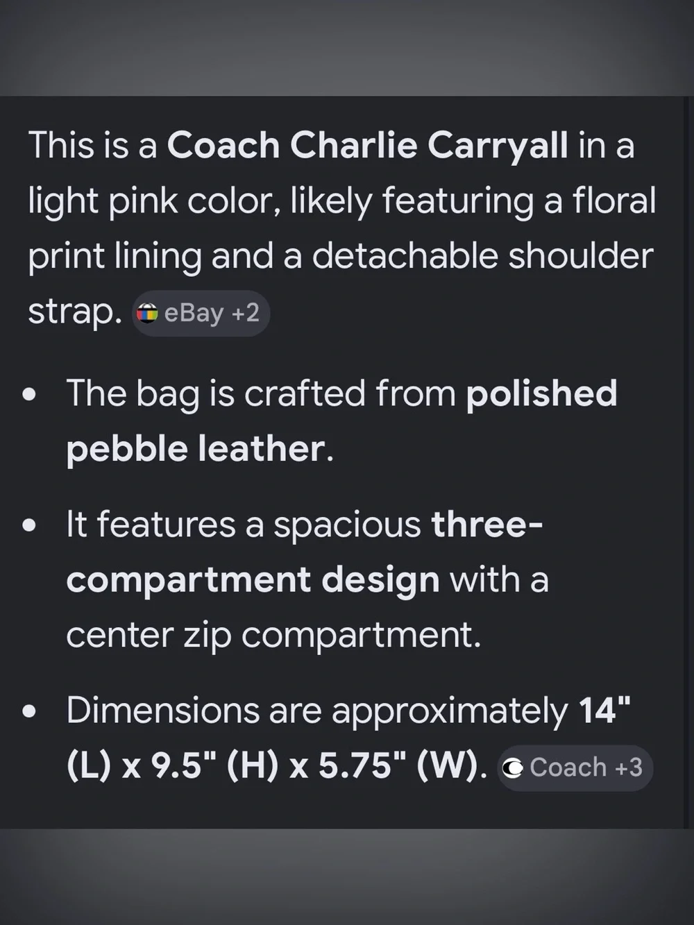 Coach Blush Charlie Carryall Tote with silver Hardware